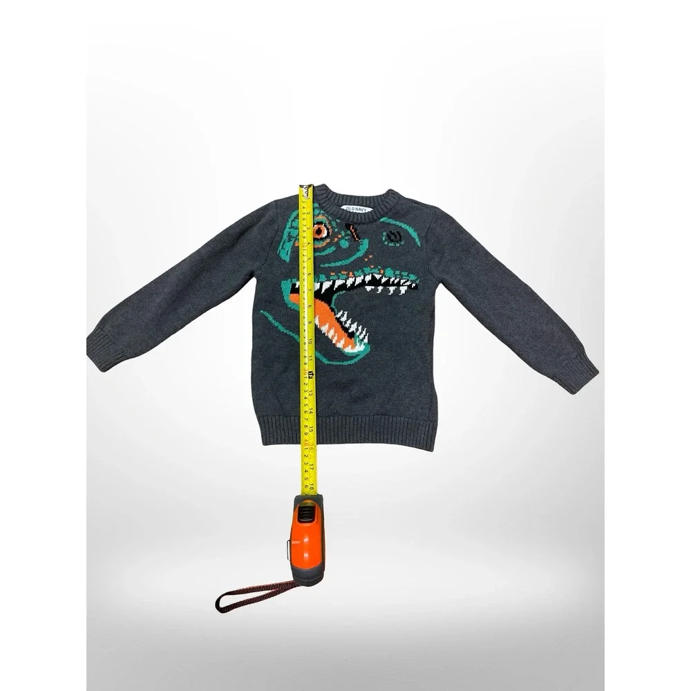 Old Navy Boys Gray Dinosaur T-Rex Knit Sweater Pullover‎ 4T Charcoal Teal Orange